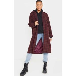 Burgundy Plaid Oversized Midi Coat